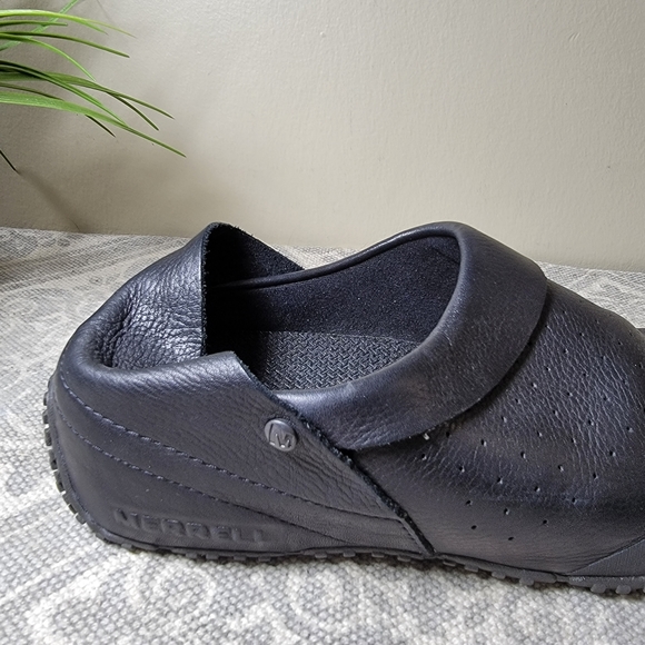 Merrell | 9.5 Improve Slides Black Leather Clog Mules Slip on collapsible heels - Picture 12 of 16